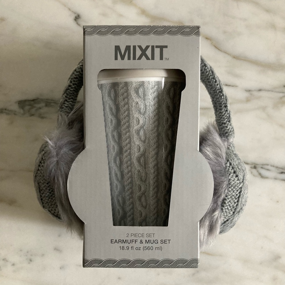 Gray Cable Knit Earmuffs Matching Travel Mug Cup Set